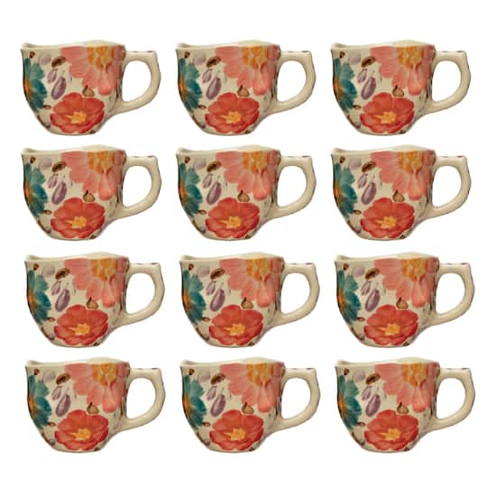 8oz. Multicolor Organically Shaped Edge Stoneware Mug Set with Painted Florals